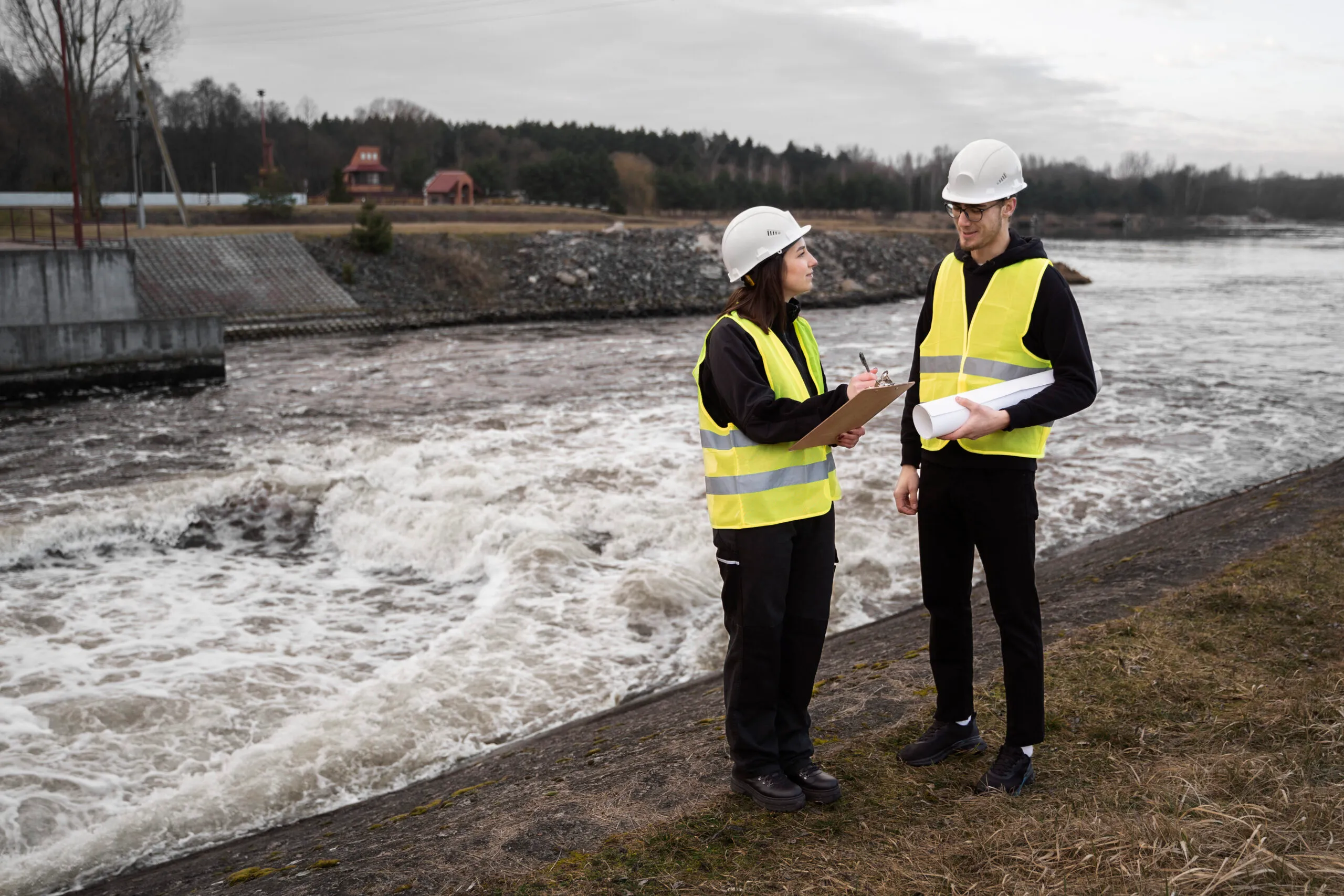 Two engineers in high-visibility clothing surveying beside a river.